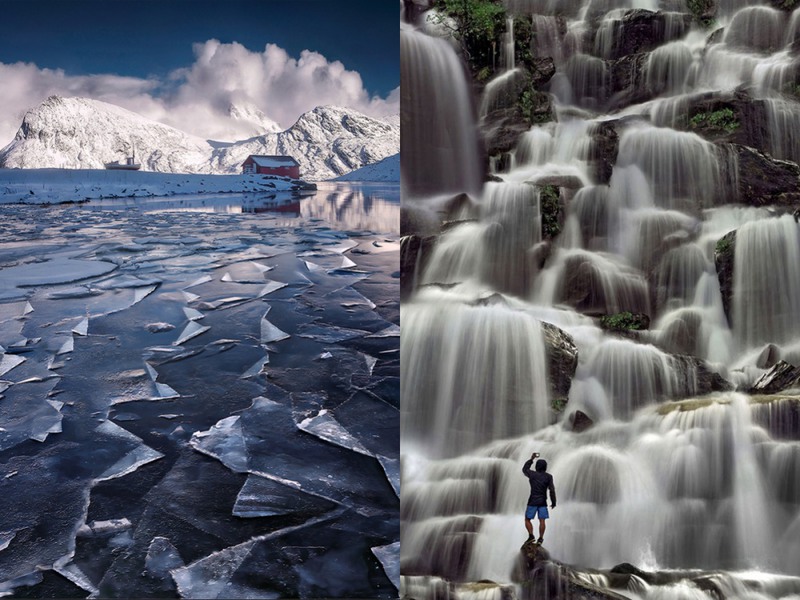14 Замерзшее озеро и водопад на Лофотенских островах. Автор - Max Rive.