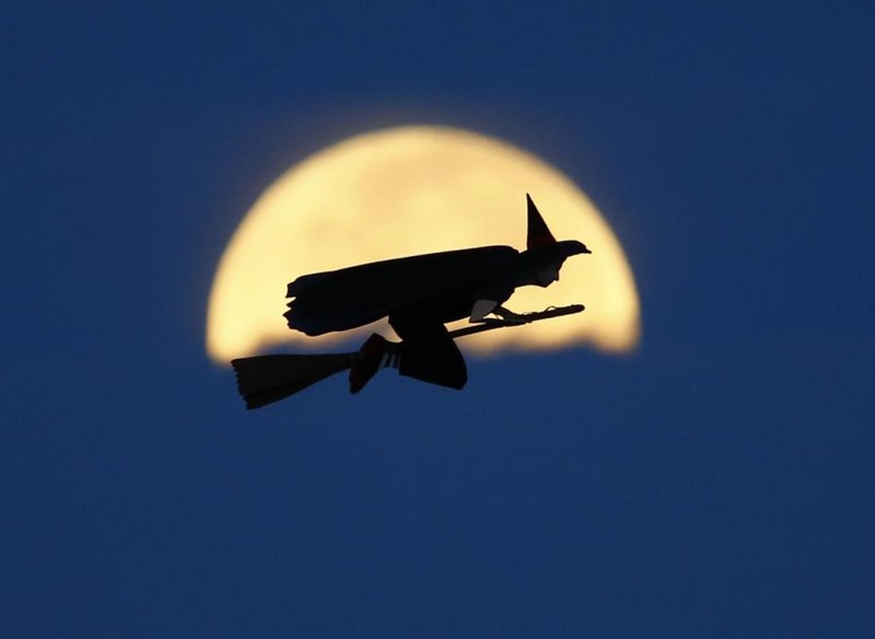 21 Mike Blake. A radio-controlled flying witch makes a test flight past a moon setting into clouds along the pacific ocean in Carlsbad, California, October 8, 2014.