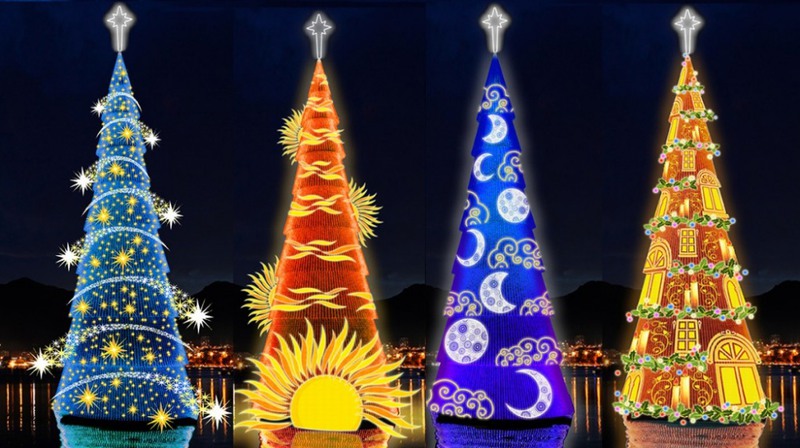 7 Рио-де-Жанейро, Бразилия. Это самое большое рождественское дерево, его высота — 82 метра. Елка смонтирована на специальной плавучей платформе посредине озера в Лагоа. Каждый год елку украшают по-разному и устраивают световое шоу на различные темы. Так, например, на тему света, который проходит 4 стадии: от света в ночи, когда рождаются мечты, до рождественского исполнения желаний. Источник: arvorenatalbradescoseguros