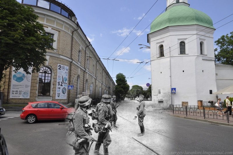 1 Киев 1941/2012 Башня Ивана Кущника и Арсенал. Немецкая пехота входит в город.