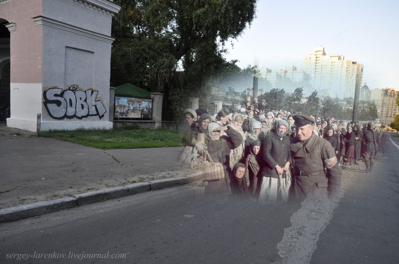 14 Киев 1941/2012 Стадион Зенит. Украинский полицай около фильтрационного лагеря.