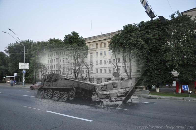 25 Киев 1943/2012 Уничтоженная немецкая техника на Брест-Литовском шоссе (ныне проспект Победы).