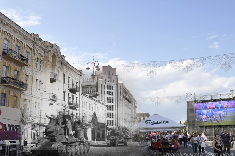 29 Киев 1943/2012 Танки генерала Кравченко, освободившие Киев, проходят по Крещатику.