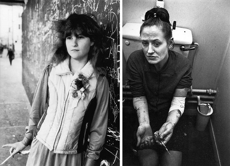 7 Laurie on Pike Street.Seattle, Washington, 1983 (left), Heroin Addict on the Toilet,London, England, 1969 (right).