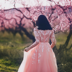 Девушка в персиковом саду в розовом платье